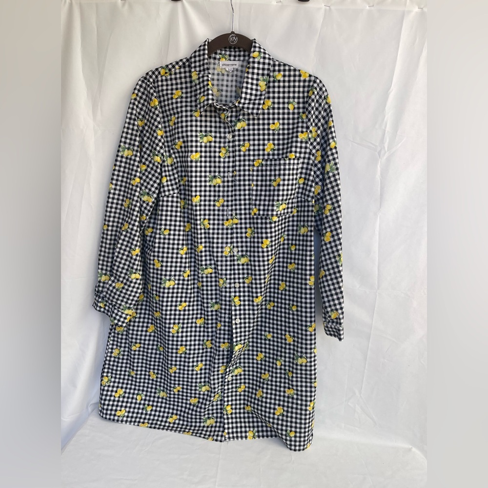 Chloe+rene  Black White Button Down Collared Shirt Dress Pockets Size L